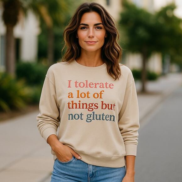 GLUTEN FREE Celiac funny graphic Beige Sweatshirt Size medium - Picture 1 of 9